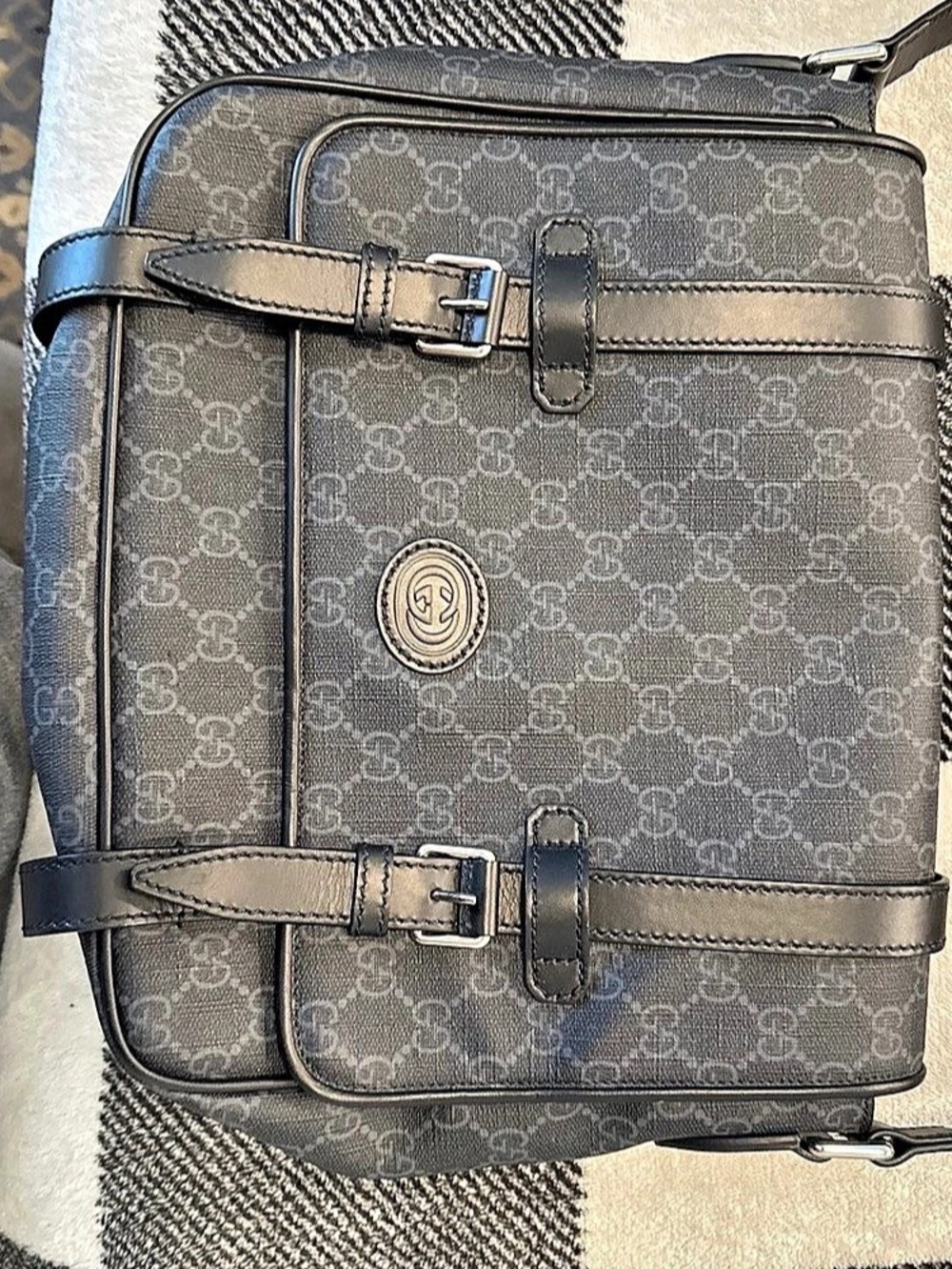 Gucci GG Monogram Double Buckle Flap Messenger Bag